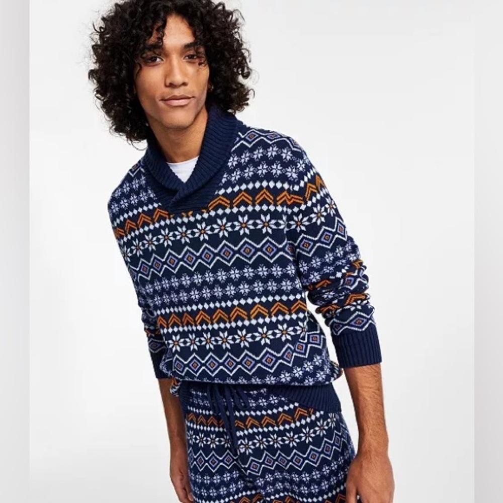 Sun + Stone Men's Sweater in Navy and Orange Pattern